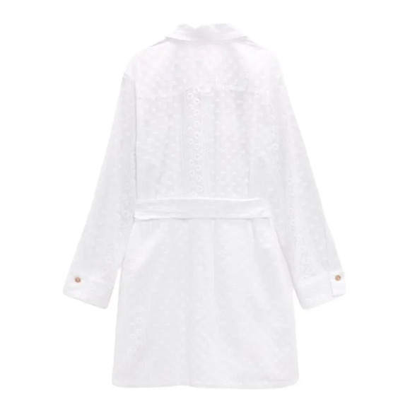 ZARA | White | BELTED EMBROIDERED MINI DRESS - Picture 3 of 14